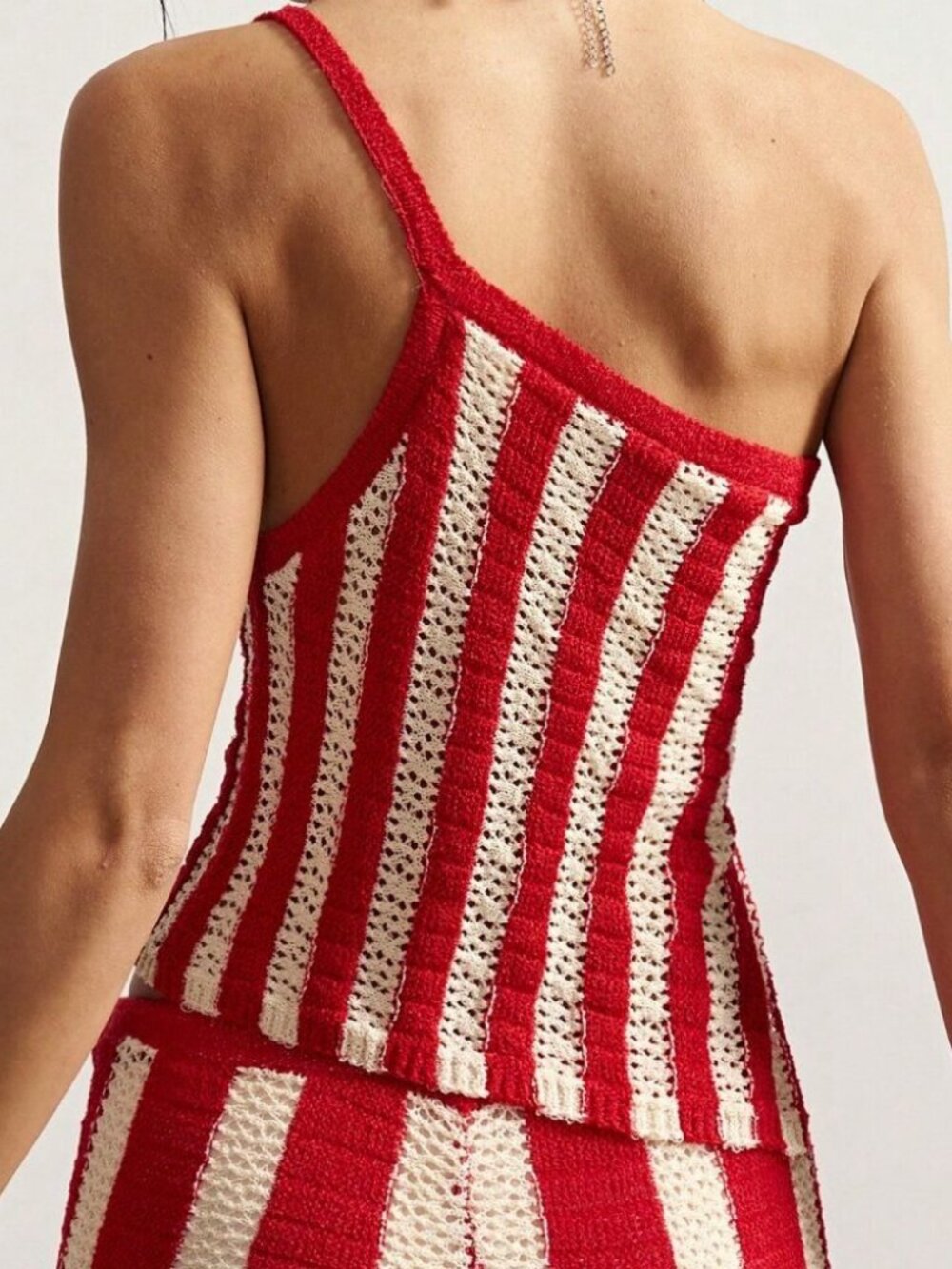 Red Boho Chic Women's Striped Asymmetric Top with Beads - Picture 2 of 7